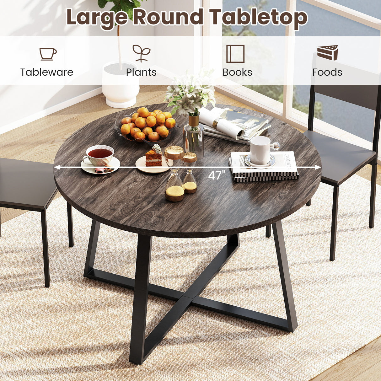 47 Inch Round Dining Table with Stable X-shaped Base and Round Thickened Tabletop-Grey