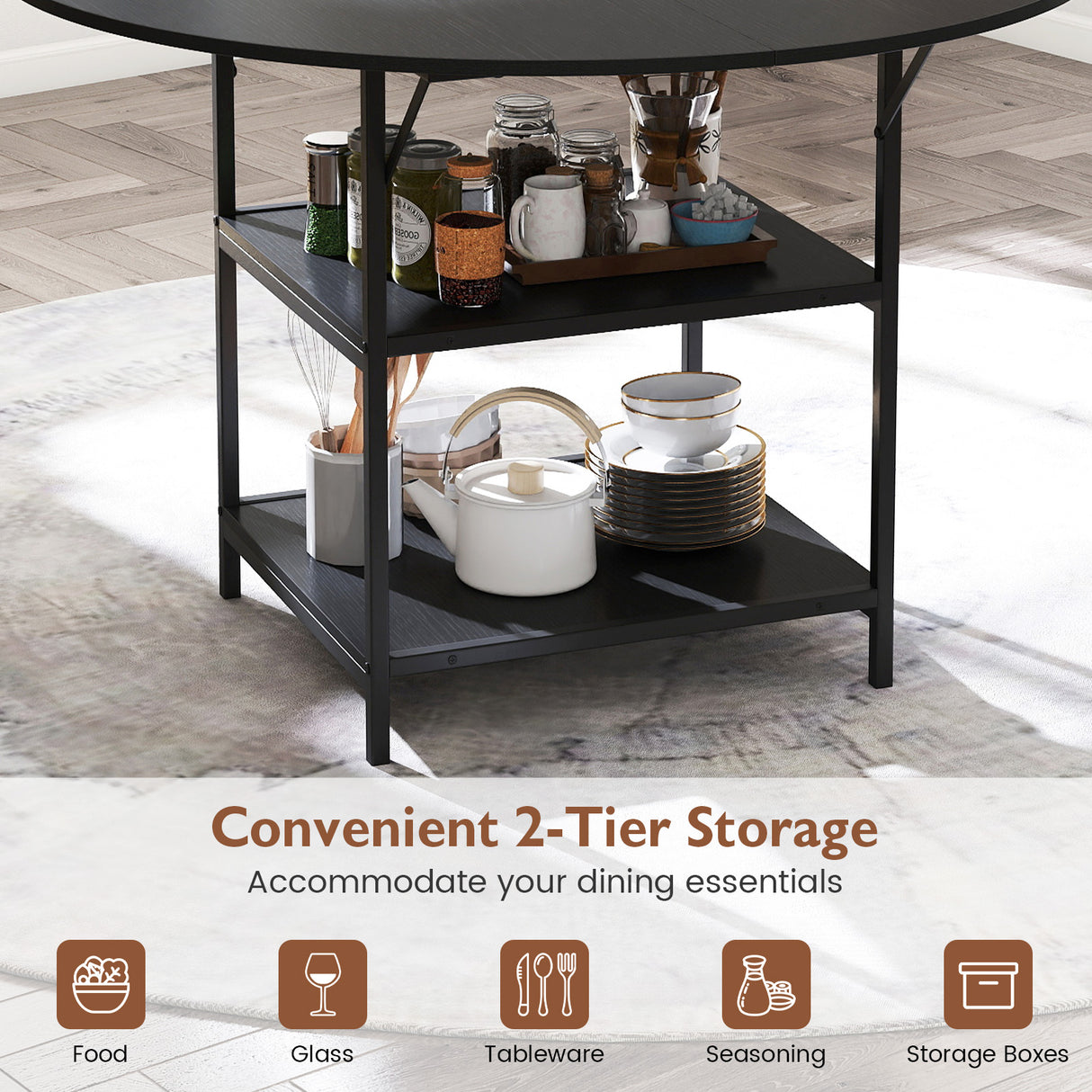47 Inch Round Dining Table for 4-6 People Large Kitchen Table with 2-Tier Storage Shelves-Black