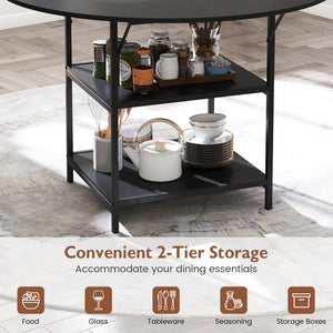 47 Inch Round Dining Table for 4-6 People Large Kitchen Table with 2-Tier Storage Shelves-Black
