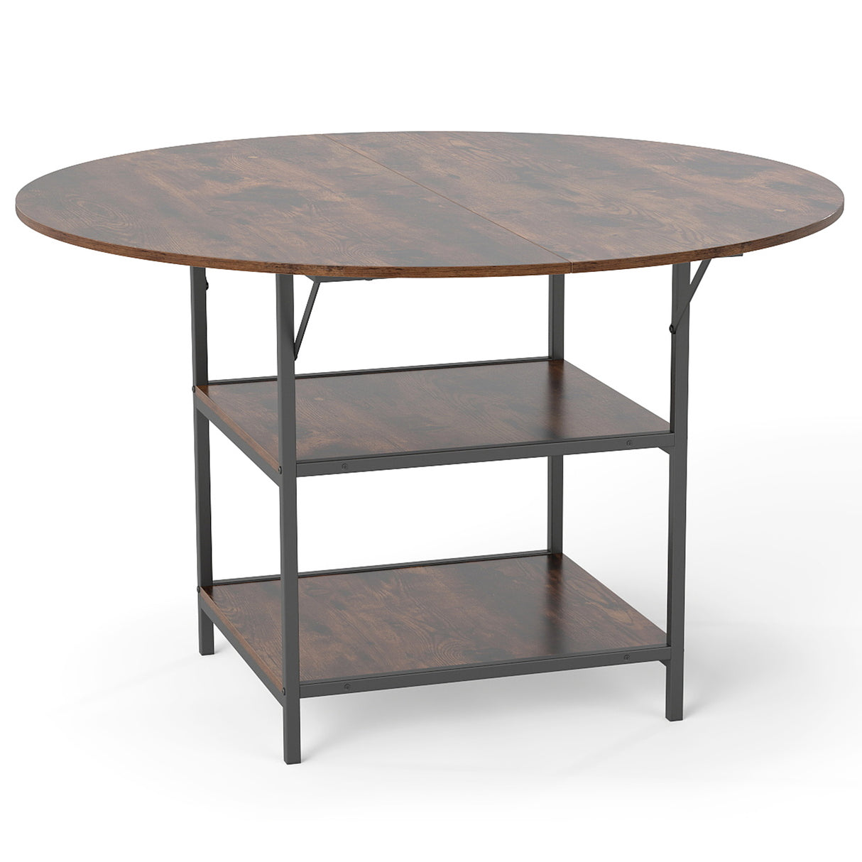 47 Inch Round Dining Table for 4-6 People Large Kitchen Table with 2-Tier Storage Shelves-Rustic Brown
