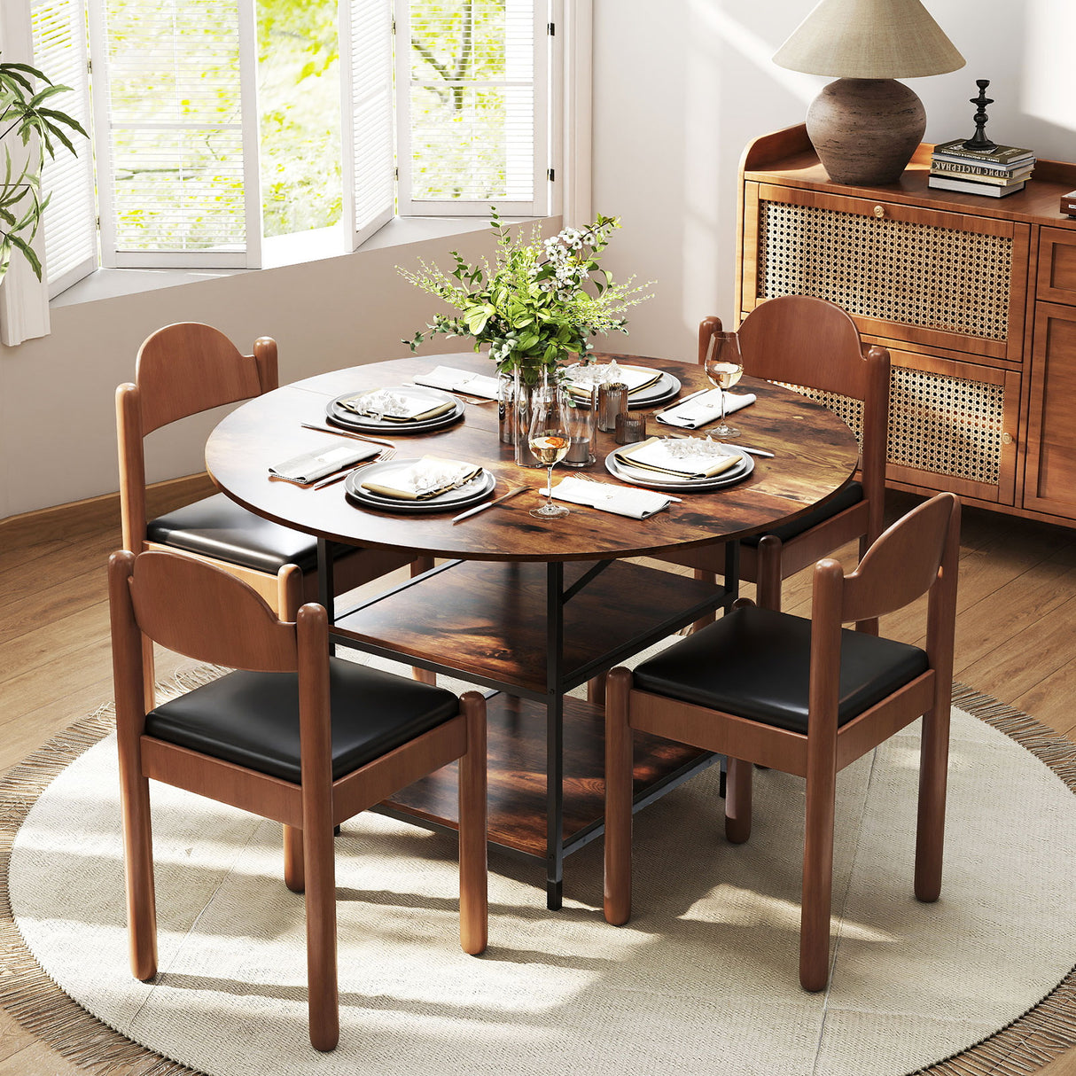 47 Inch Round Dining Table for 4-6 People Large Kitchen Table with 2-Tier Storage Shelves-Rustic Brown