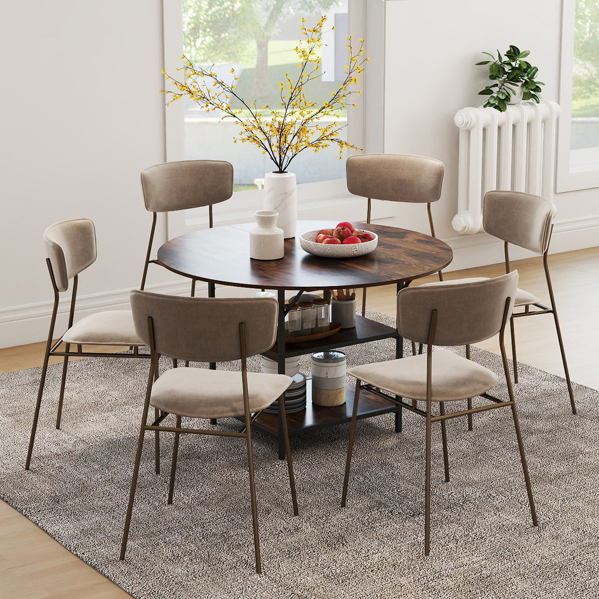 47 Inch Round Dining Table for 4-6 People Large Kitchen Table with 2-Tier Storage Shelves-Rustic Brown