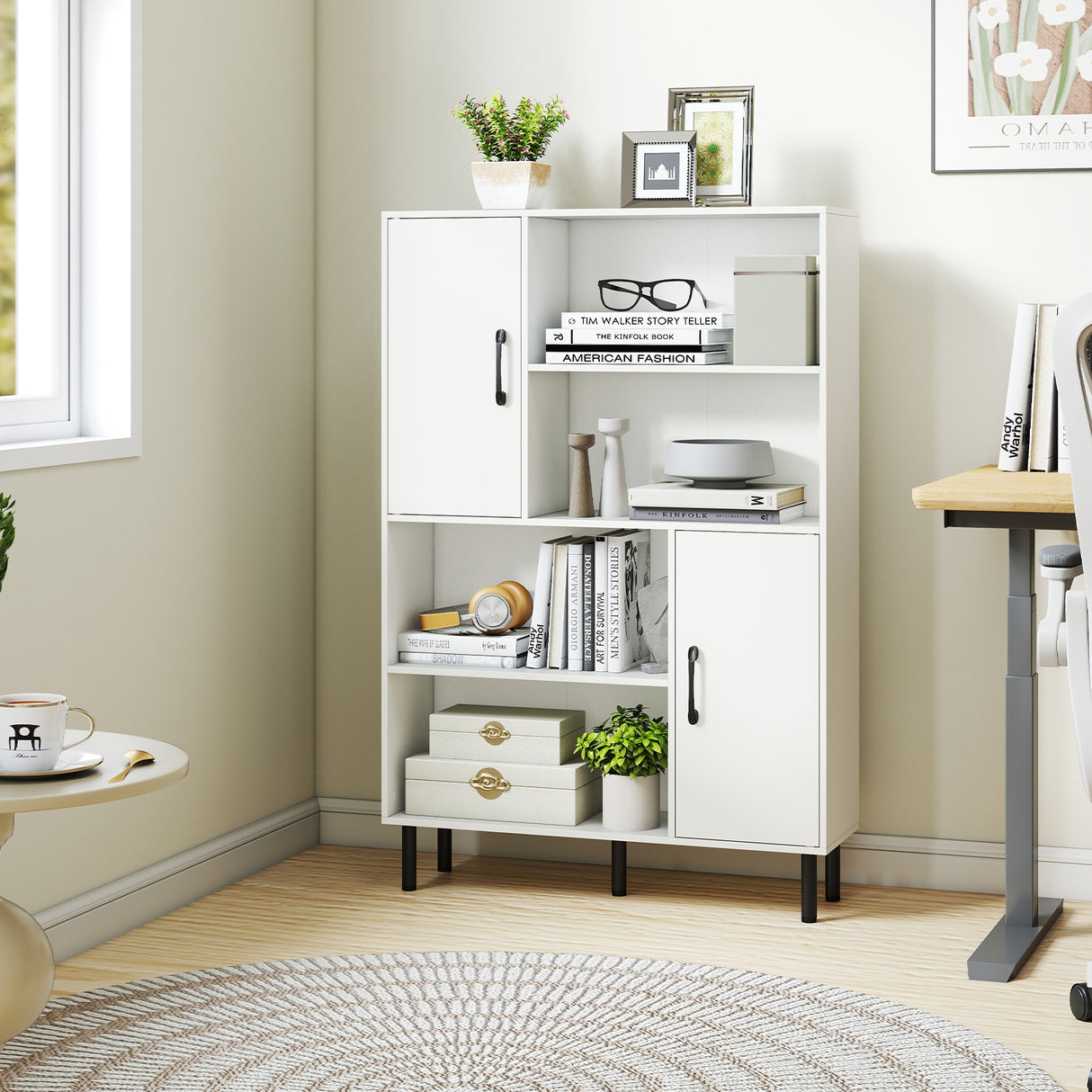47 Inch Storage Cabinet Freestanding Bookcase with 2 Doors and 4 Open Shelves-White