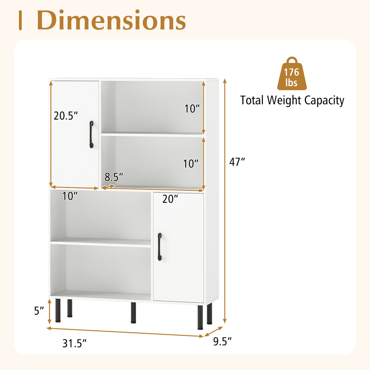 47 Inch Storage Cabinet Freestanding Bookcase with 2 Doors and 4 Open Shelves-White