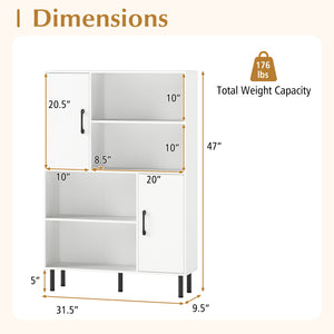 47 Inch Storage Cabinet Freestanding Bookcase with 2 Doors and 4 Open Shelves-White