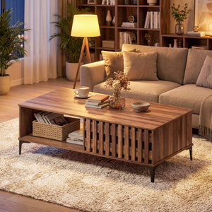 47 Inches Mid Century Coffee Table Farmhouse Wooden Center Table-Walnut