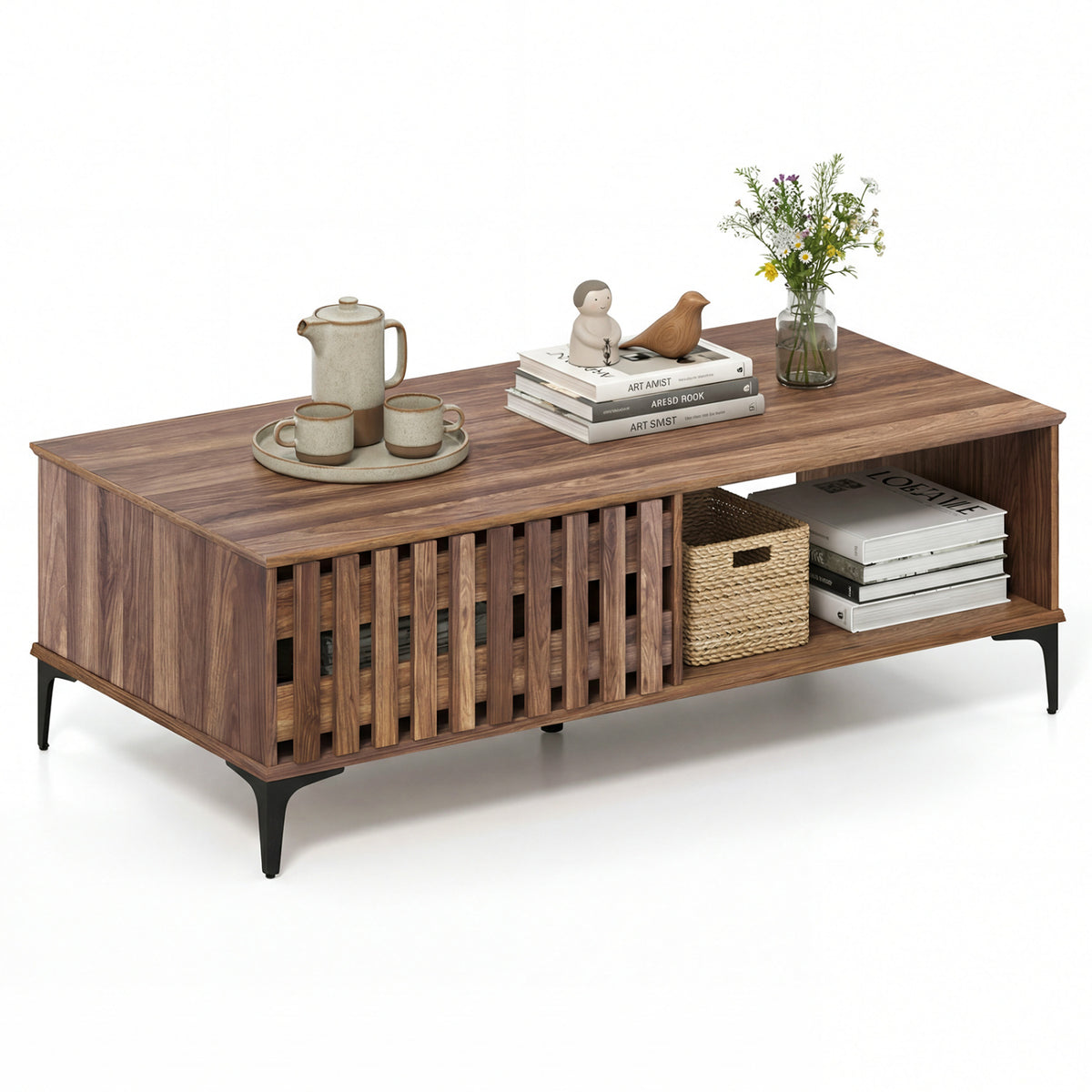 47 Inches Mid Century Coffee Table Farmhouse Wooden Center Table-Walnut
