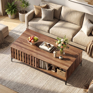 47 Inches Mid Century Coffee Table Farmhouse Wooden Center Table-Walnut
