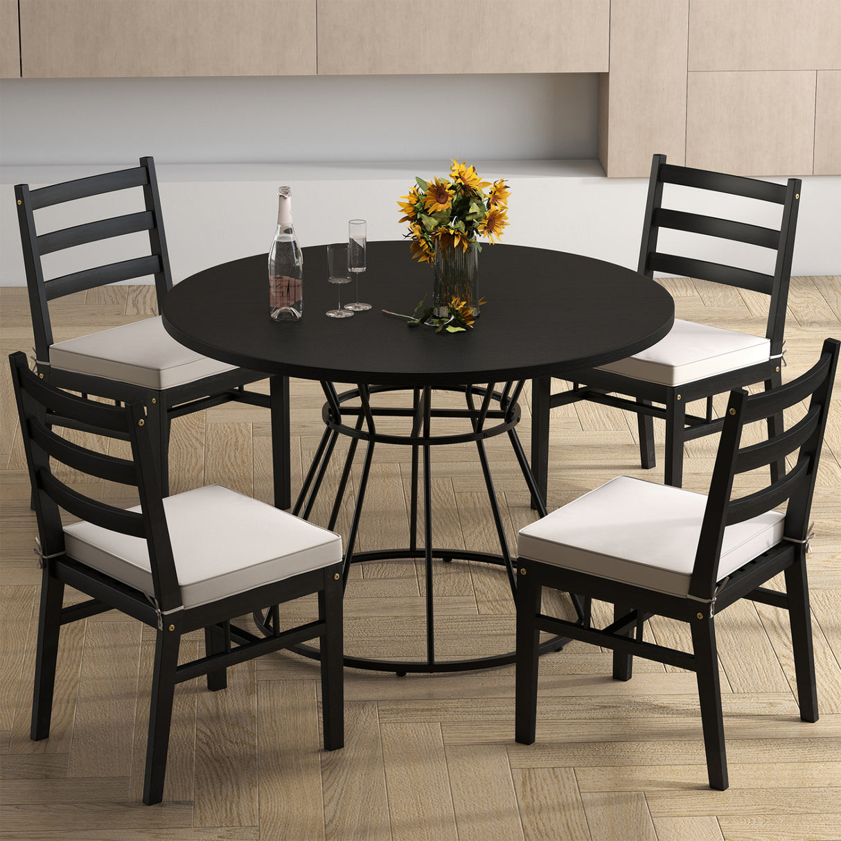 47 Inches Round Dining Table for 4 Farmhouse Kitchen Table with Wooden Tabletop-Black
