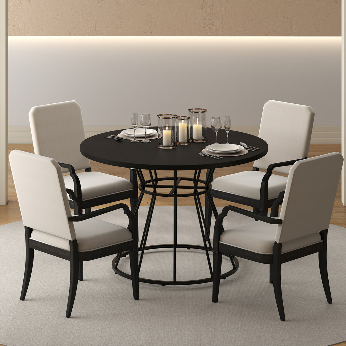 47 Inches Round Dining Table for 4 Farmhouse Kitchen Table with Wooden Tabletop-Black