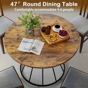 47 Inches Round Dining Table for 4 Farmhouse Kitchen Table with Wooden Tabletop-Brown