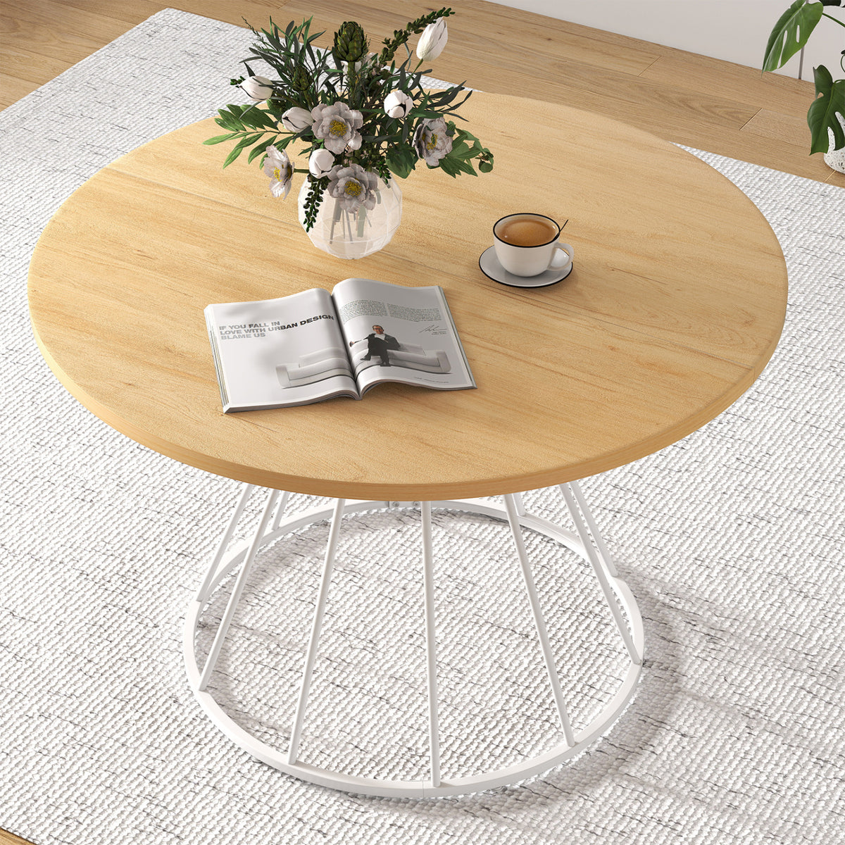 47 Inches Round Dining Table for 4 Farmhouse Kitchen Table with Wooden Tabletop-Natural
