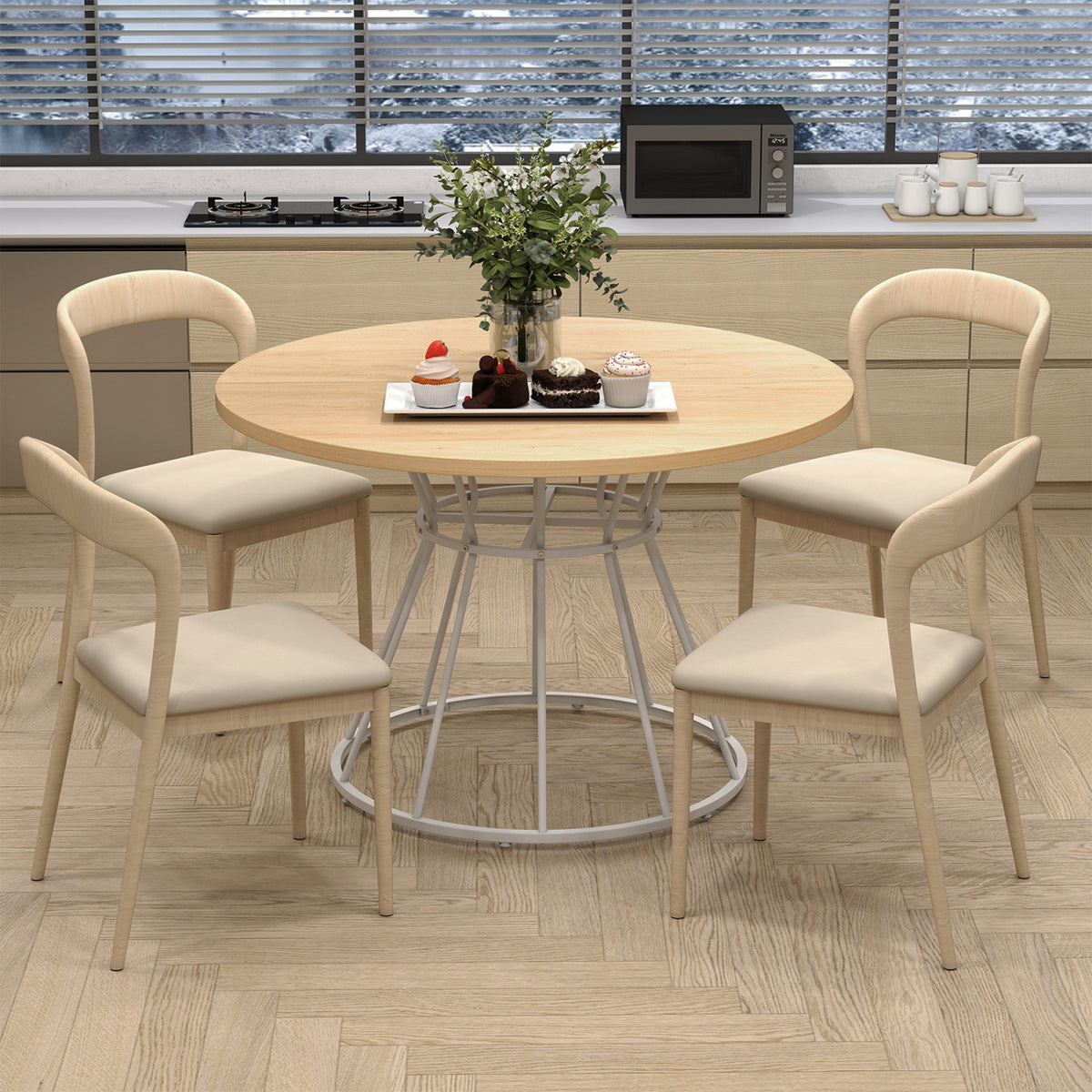 47 Inches Round Dining Table for 4 Farmhouse Kitchen Table with Wooden Tabletop-Natural