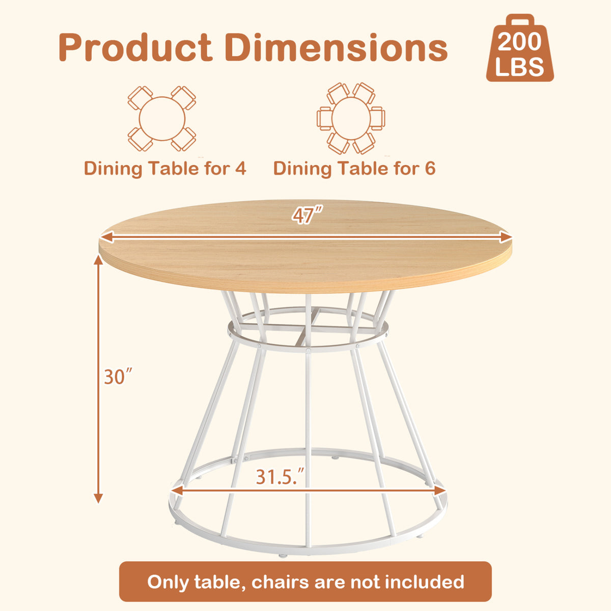 47 Inches Round Dining Table for 4 Farmhouse Kitchen Table with Wooden Tabletop-Natural