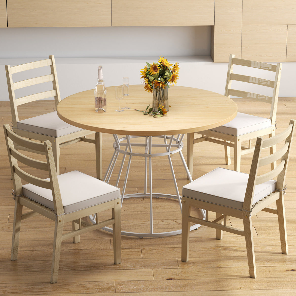 47 Inches Round Dining Table for 4 Farmhouse Kitchen Table with Wooden Tabletop-Natural
