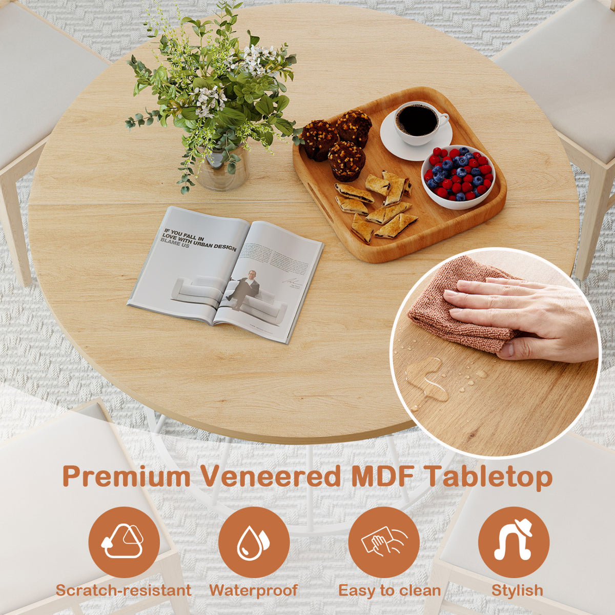 47 Inches Round Dining Table for 4 Farmhouse Kitchen Table with Wooden Tabletop-Natural