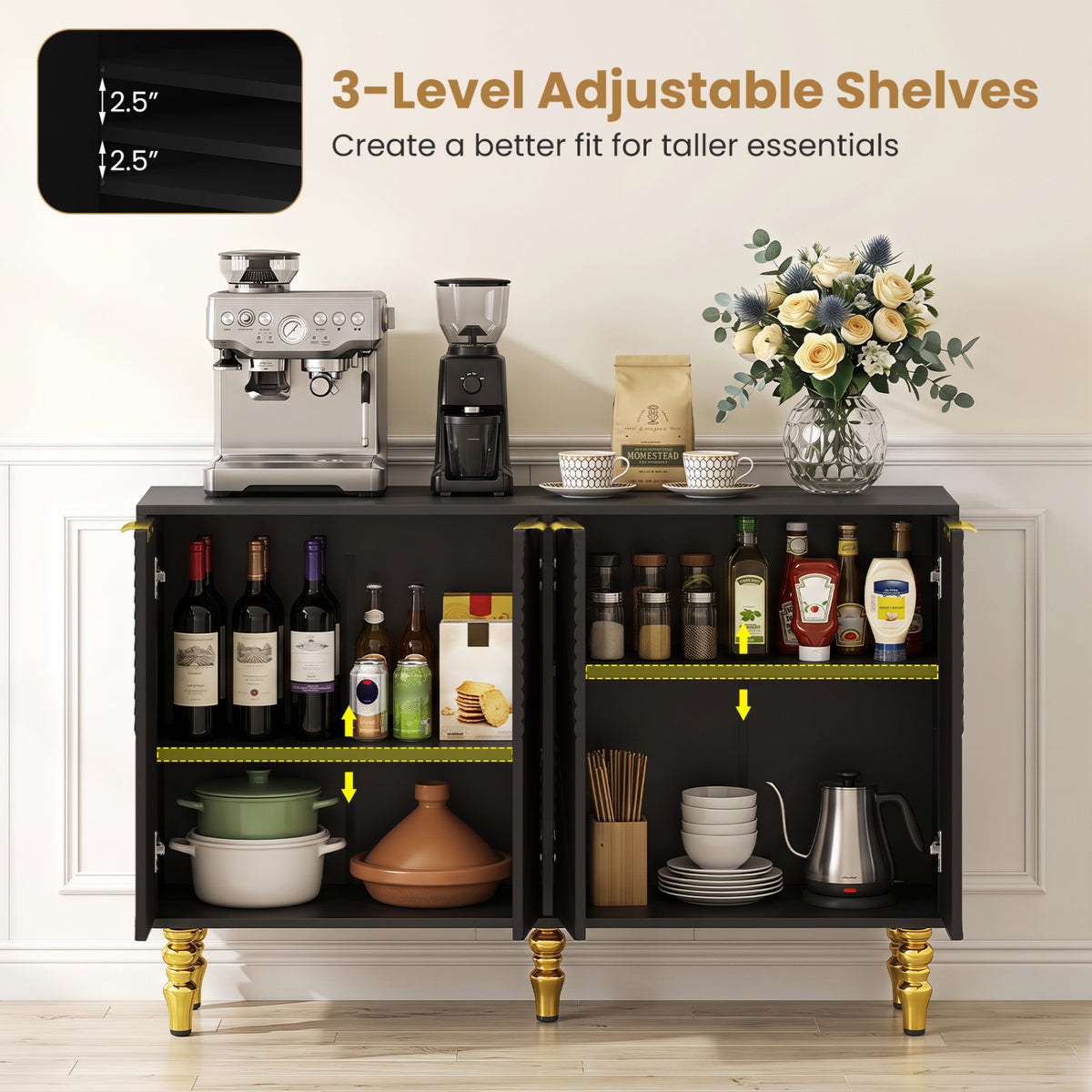 47" Sideboard Buffet Cabinet with 4 Chevron Fluted Doors & Anti-Toppling Devices for Kitchen-Black