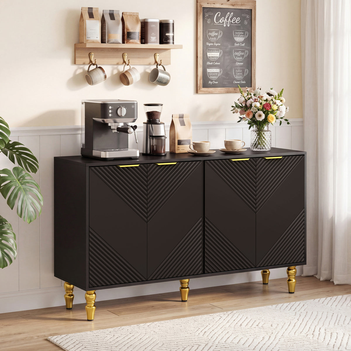 47" Sideboard Buffet Cabinet with 4 Chevron Fluted Doors & Anti-Toppling Devices for Kitchen-Black