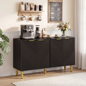 47" Sideboard Buffet Cabinet with 4 Chevron Fluted Doors & Anti-Toppling Devices for Kitchen-Black