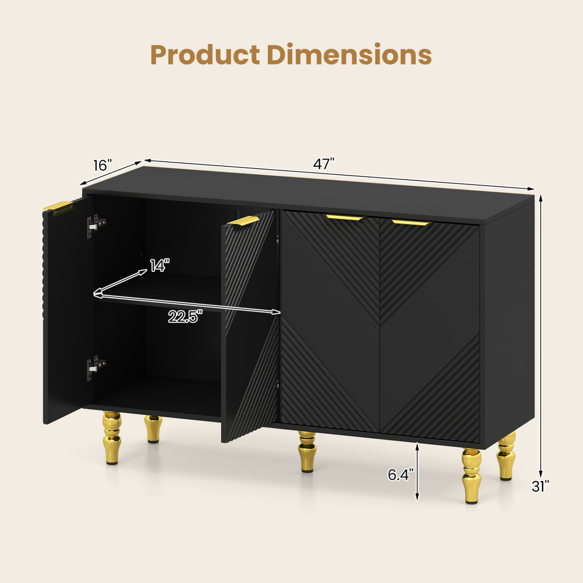 47" Sideboard Buffet Cabinet with 4 Chevron Fluted Doors & Anti-Toppling Devices for Kitchen-Black