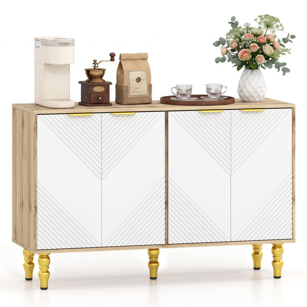 47" Sideboard Buffet Cabinet with 4 Chevron Fluted Doors & Anti-Toppling Devices for Kitchen-Natural