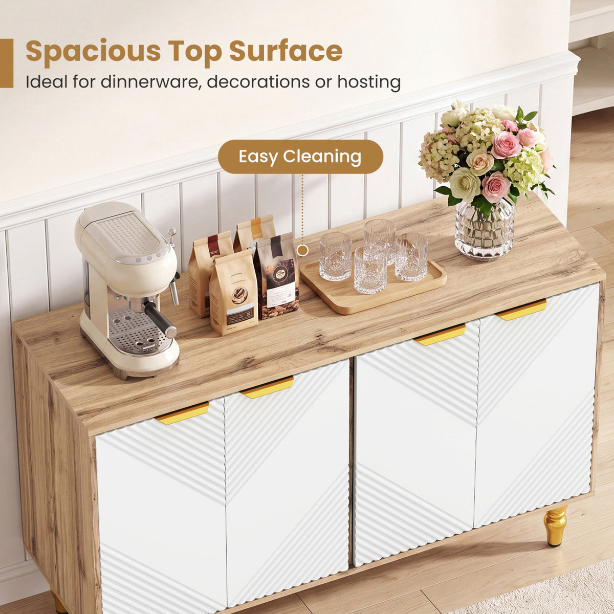 47" Sideboard Buffet Cabinet with 4 Chevron Fluted Doors & Anti-Toppling Devices for Kitchen-Natural