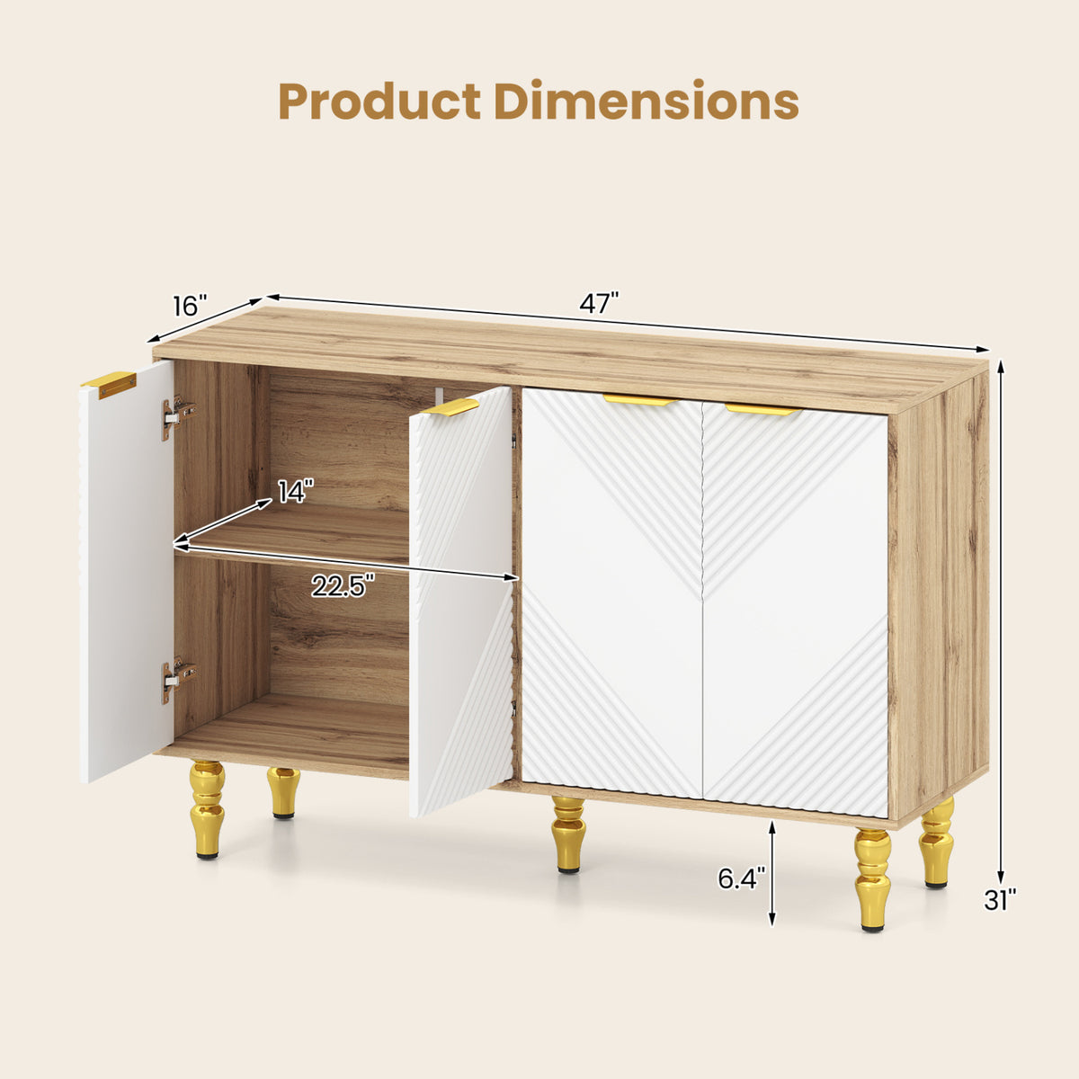 47" Sideboard Buffet Cabinet with 4 Chevron Fluted Doors & Anti-Toppling Devices for Kitchen-Natural