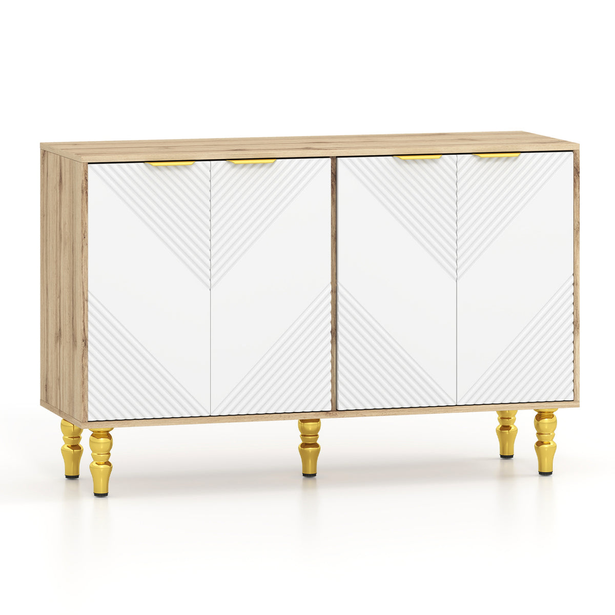 47" Sideboard Buffet Cabinet with 4 Chevron Fluted Doors & Anti-Toppling Devices for Kitchen-Natural