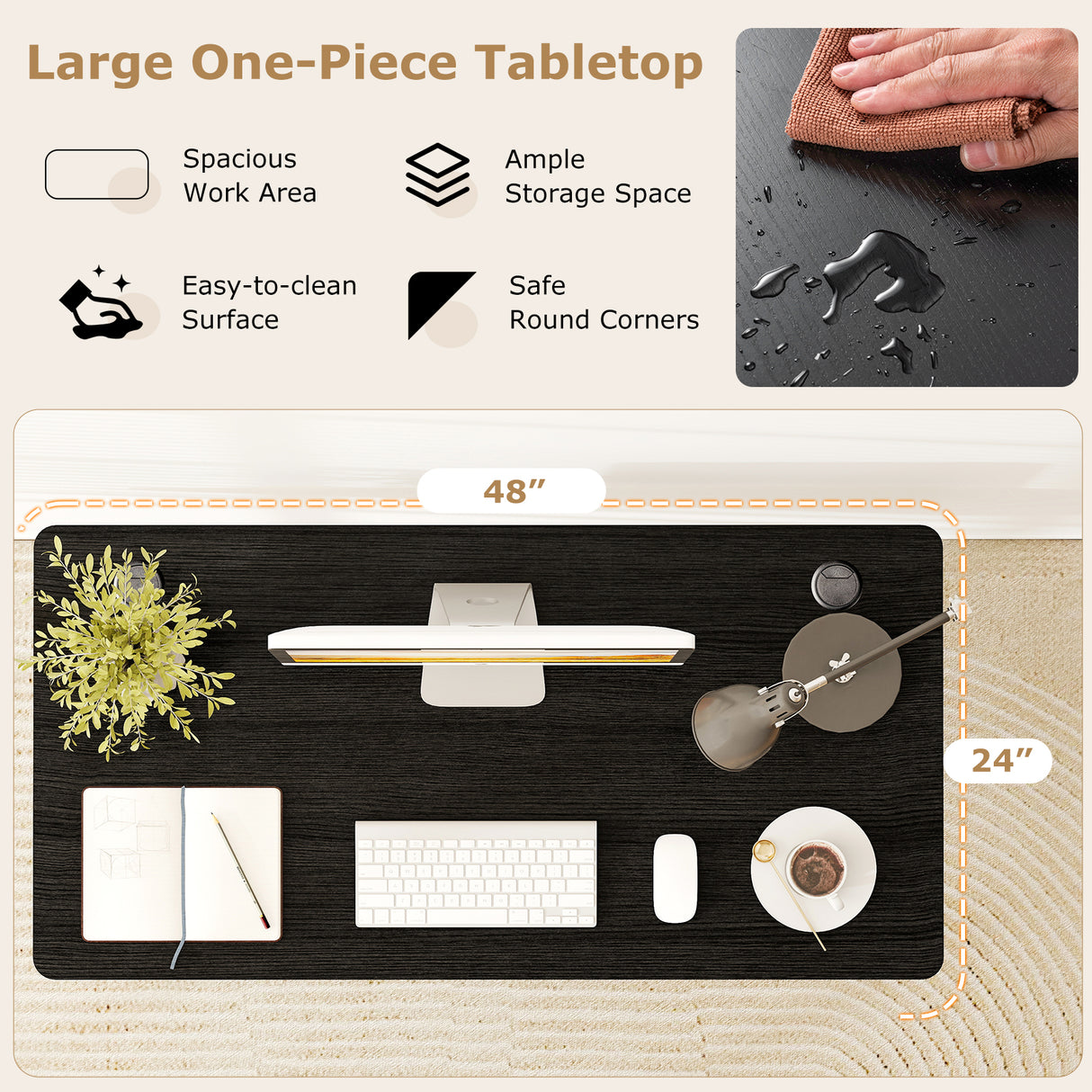 47” x 24” Universal Tabletop for Standard and Standing Desk Frame-Black