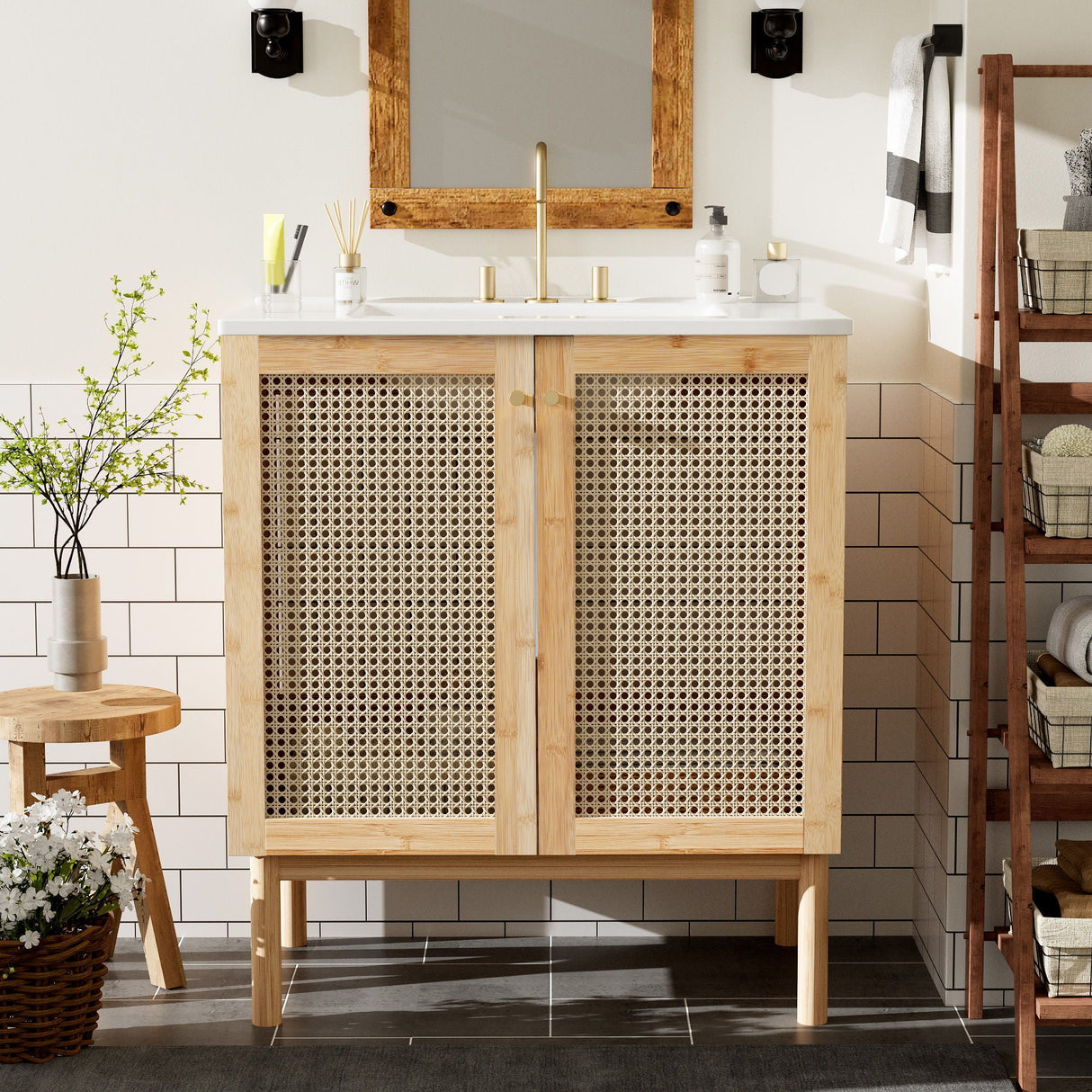 Bathroom Vanity Crafted From Natural Materials, Featuring Handmade Rattan Doors And Soft-Closing Mechanisms - Light Brown by Couch.com