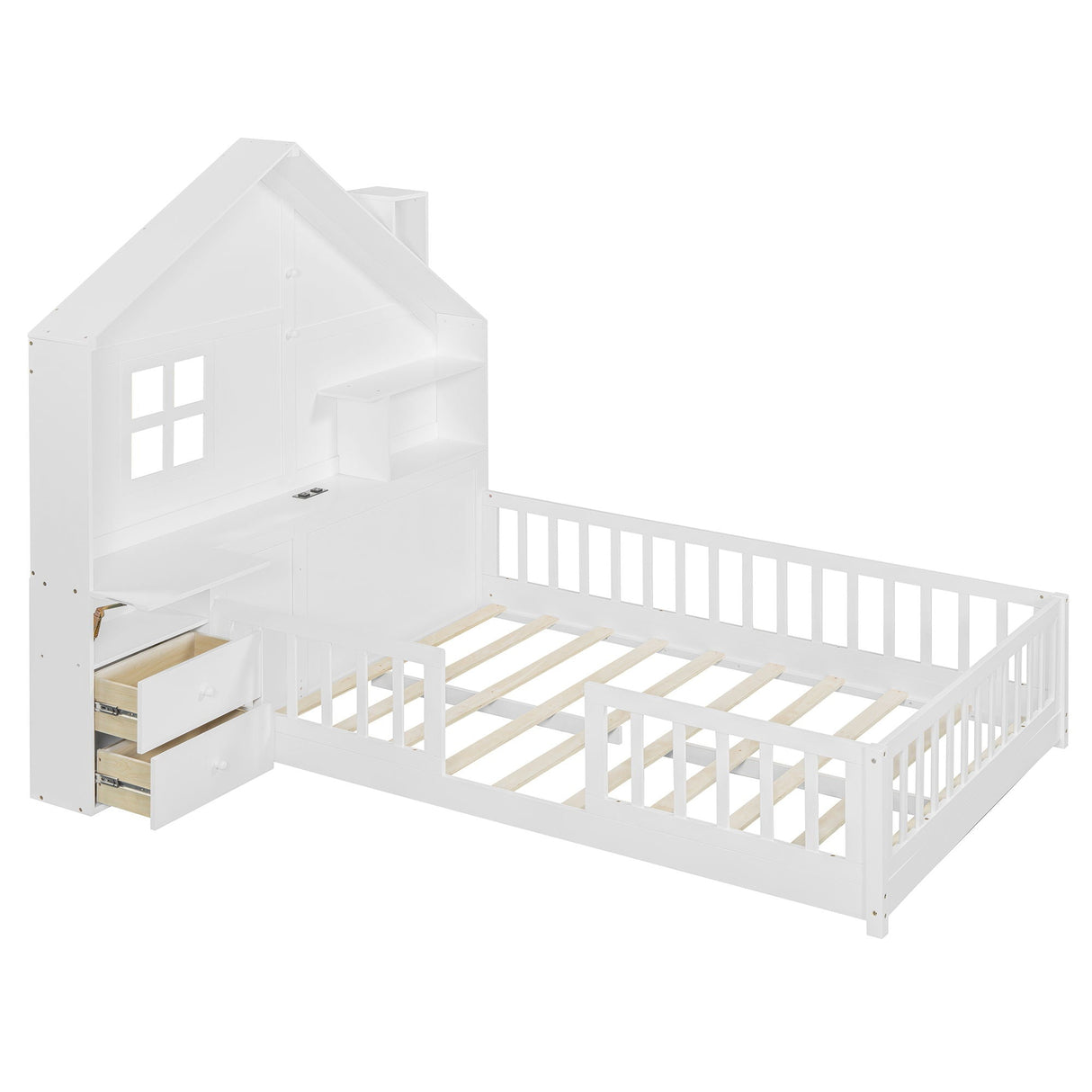 Full Size House Bed With Window And Bedside Drawers, Platform Bed With Shelves And A Set Of Sockets And USB Port - White by Couch.com