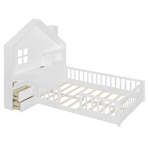 Full Size House Bed With Window And Bedside Drawers, Platform Bed With Shelves And A Set Of Sockets And USB Port - White by Couch.com