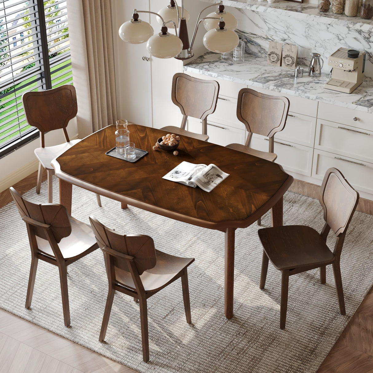 Topmax - 7 Piece Vintage Dining Table Set With 6 Dining Chairs, Kitchen Table Set For 6 With Curved Back And Seat by Couch.com