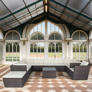 11 Piece Patio Wicker Conversation Set, 10 Seater Patio Sectional Set With 3 Storage Box Under Seat - Brown / White by Couch.com