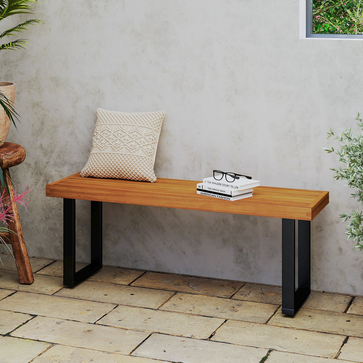 Acacia Wood Outdoor Bench 48 Inch Long Patio Dining Bench-Set of 2