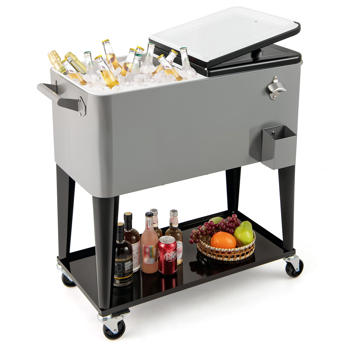 Portable Patio Cooler with Bottom Storage Shelf and Bottle Opener-Gray