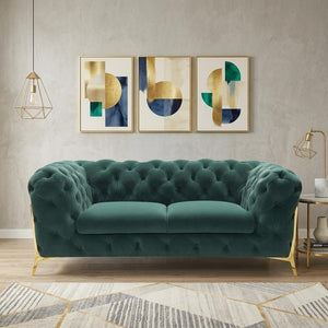 74" Emerald And Gold Velvet Loveseat
