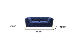 74" Blue And Gold Velvet Loveseat