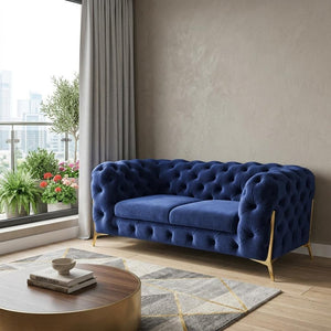 74" Blue And Gold Velvet Loveseat