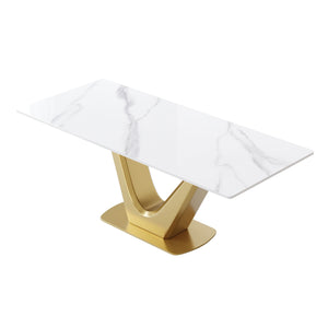 Couch.com 70.84" Modern Artificial Stone Panel V-Shaped Metal Legs, Can Accommodate 6-8 People White / Gold, Durable Design, Easy to Clean, Marble/Stone Construction, White Finish by Couch.com