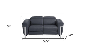 65" Gray And Silver Italian Leather Power Reclining Loveseat