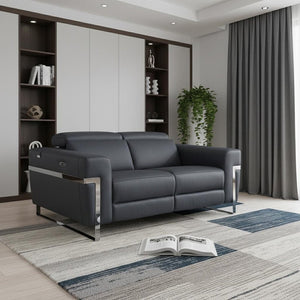 65" Gray And Silver Italian Leather Power Reclining Loveseat