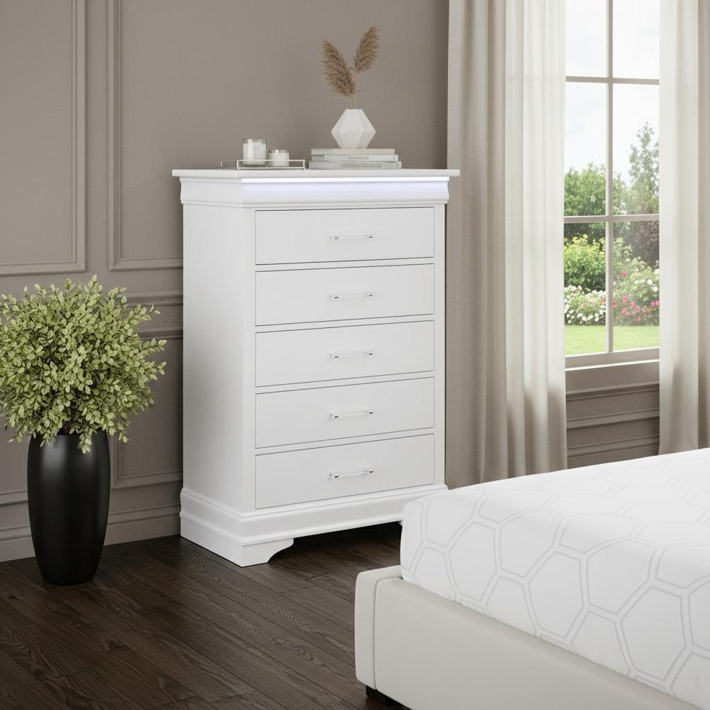 32" White Solid Wood Five Drawer Dresser