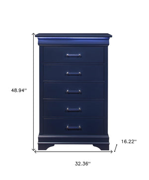 32" Blue Wood Lighted Five Drawer Dresser