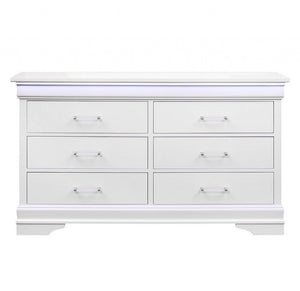 59" White Solid Wood Lighted Six Drawer Double Dresser