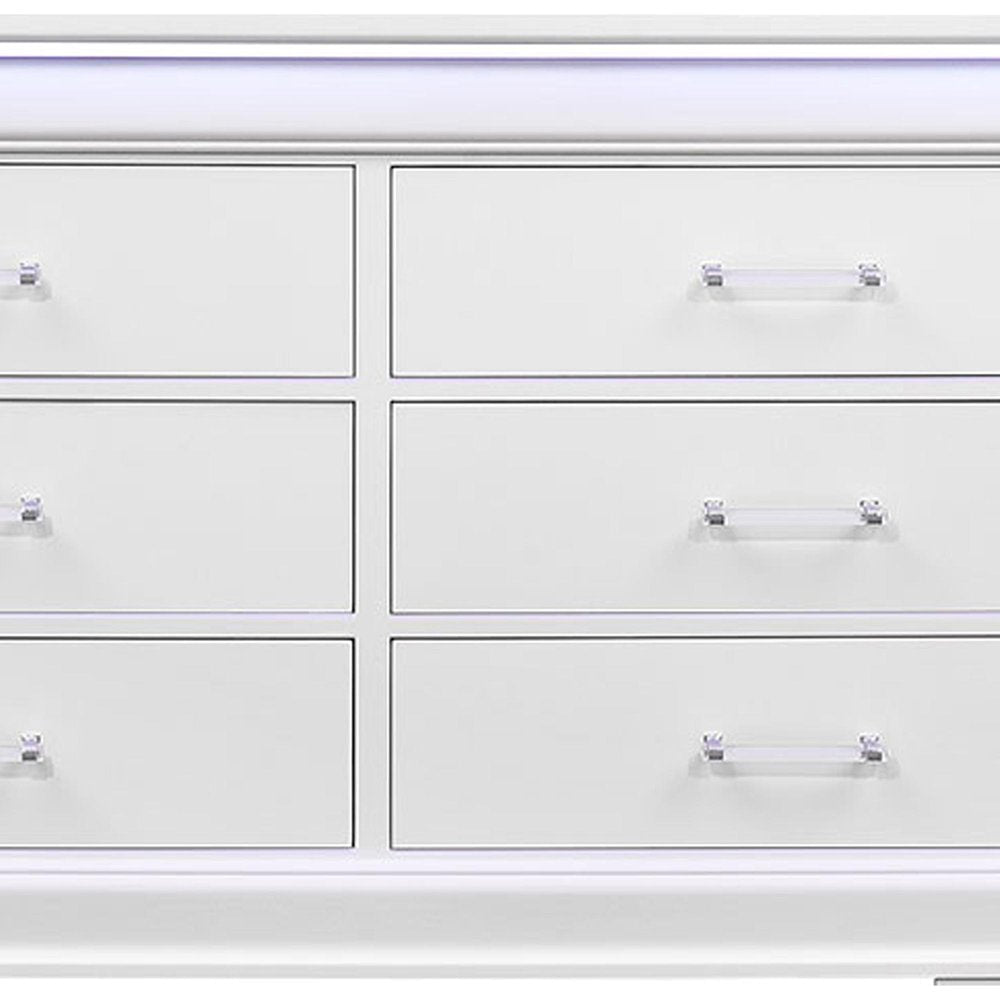 59" White Solid Wood Lighted Six Drawer Double Dresser