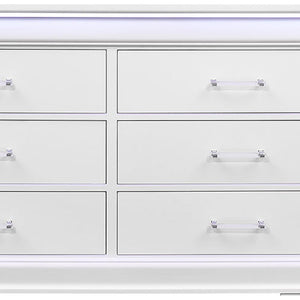 59" White Solid Wood Lighted Six Drawer Double Dresser