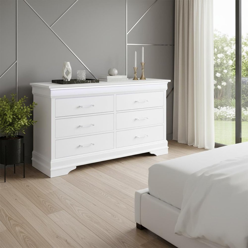 59" White Solid Wood Lighted Six Drawer Double Dresser