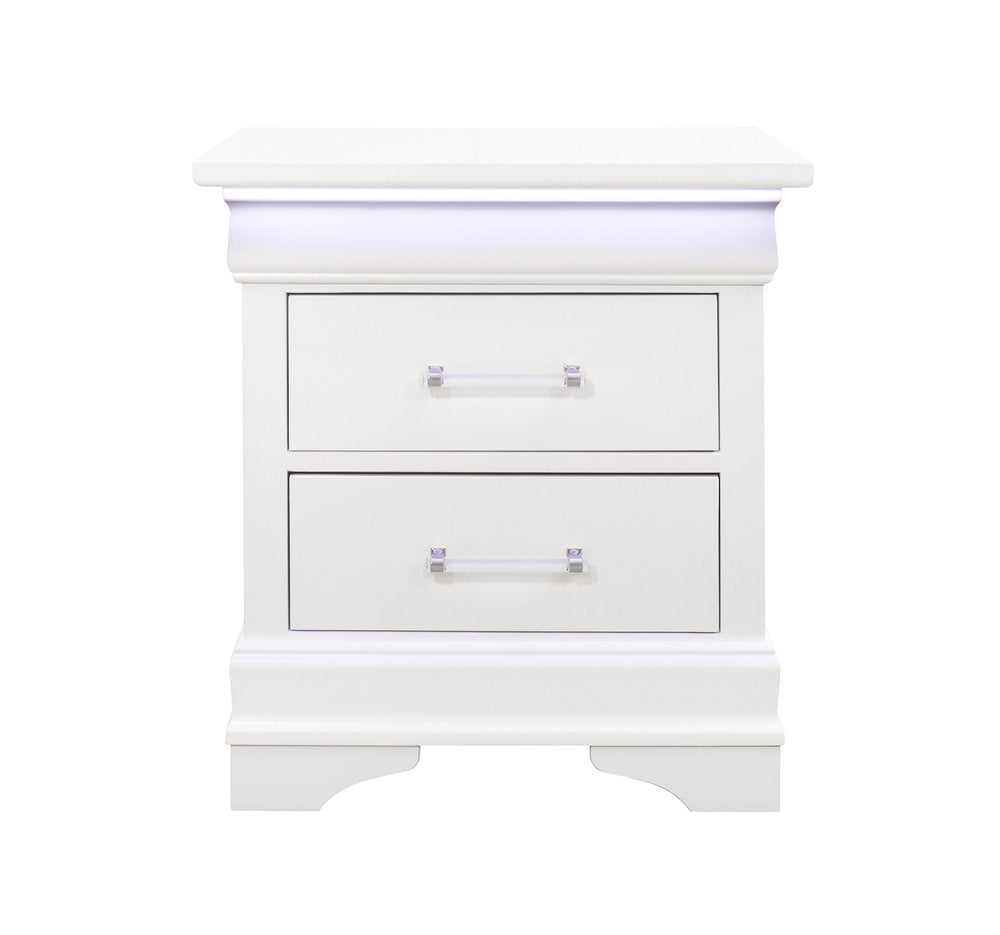 24" White Wood Lighted Two Drawer Nightstand