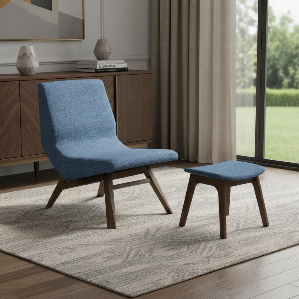 22" Blue And Brown Upholstered Lounge Chair With Ottoman